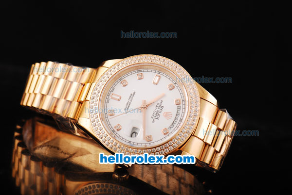 Rolex Day Date II Automatic Movement Full Rose Gold with Double Row Diamond Bezel-Diamond Markers and White Dial - Click Image to Close